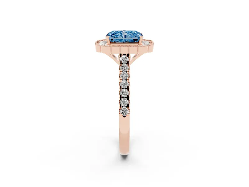 Fancy Blue Radiant Cut Diamond Milgrain Floral Halo Engagement Ring Set in Rose gold with Pavé Band