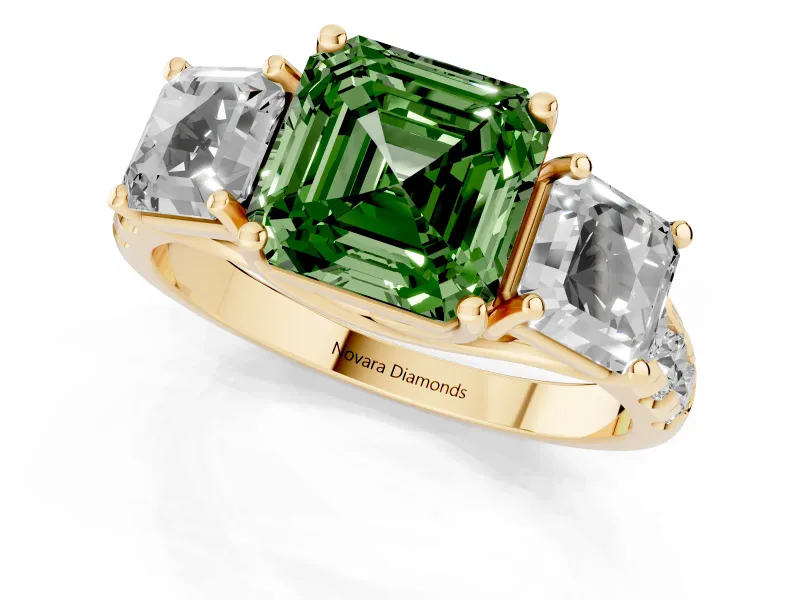 Asscher Cut Three Stone Engagement Ring Setting for a Fancy Green Lab-Grown Diamond | Accented Shoulders | Yellow Gold