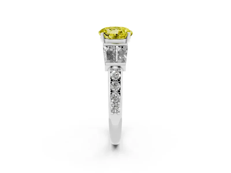 Fancy Yellow Round Cut Diamond Engagement Ring Set in Platinum with Baguette Side Stones and Channel Set Band