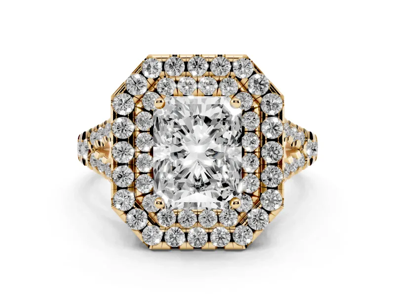 Radiant Cut Diamond Double Halo Ring Set in Yellow gold with Pavé Split Shank and Prong Setting