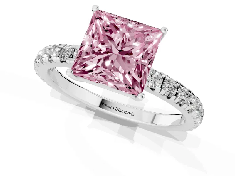Princess Cut Pave Engagement Ring Setting for a Fancy Pink Lab-Grown Diamond | Shared Prong Band | Platinum