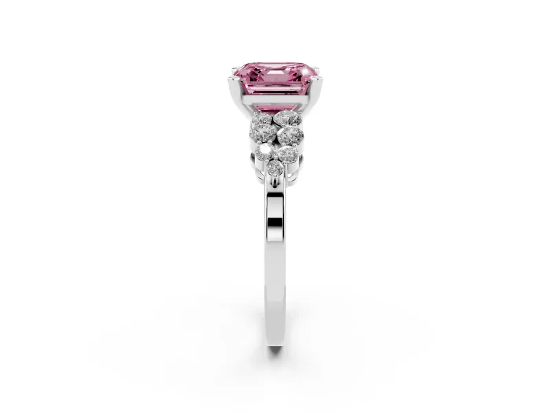 Fancy Pink Asscher Cut Diamond Cluster Engagement Ring Set in Silver with Pavé Band and Prong Setting