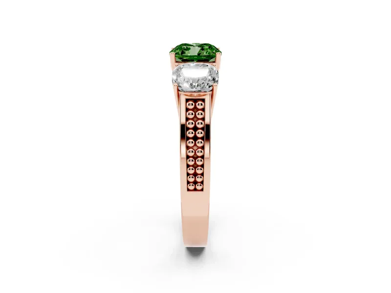 Cushion Cut Three Stone Engagement Ring Setting for a Fancy Green Lab-Grown Diamond | Beaded Shoulders | Rose Gold