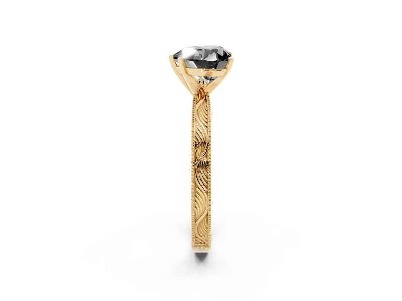 Fancy Black Heart Cut Diamond Solitaire Milgrain Engraved Band Set in Yellow gold with Prong Setting
