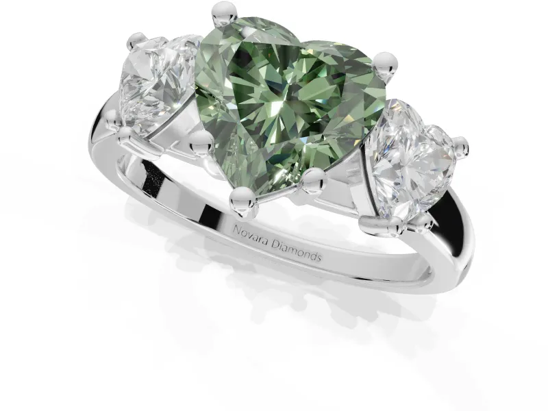 Heart-Shaped Three Stone Engagement Ring Setting for a Fancy Green Lab-Grown Diamond | Tapered Band | Sterling Silver