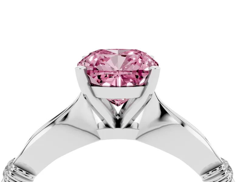 Fancy Pink Cushion Cut Diamond Solitaire Twisted Band Ring Set in Platinum with Accent Stones and Prong Setting