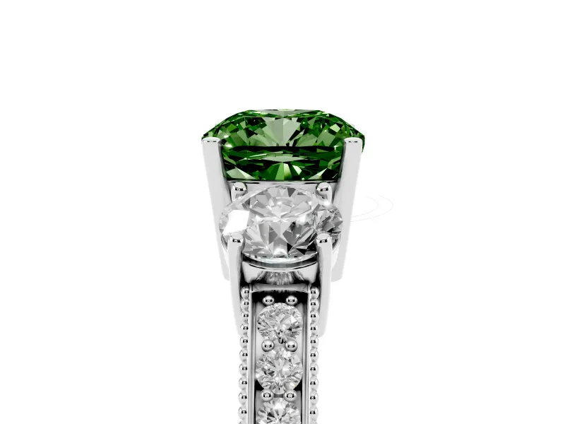 Fancy Green Cushion Cut Diamond Three-Stone Ring Set in Platinum with Round Side Stones and Pavé Band