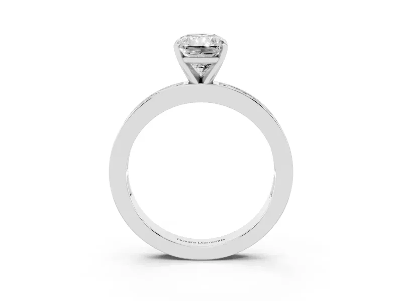 Radiant Cut Diamond Solitaire Ring Set in Platinum with Channel-Set Baguette Band and Prong Setting