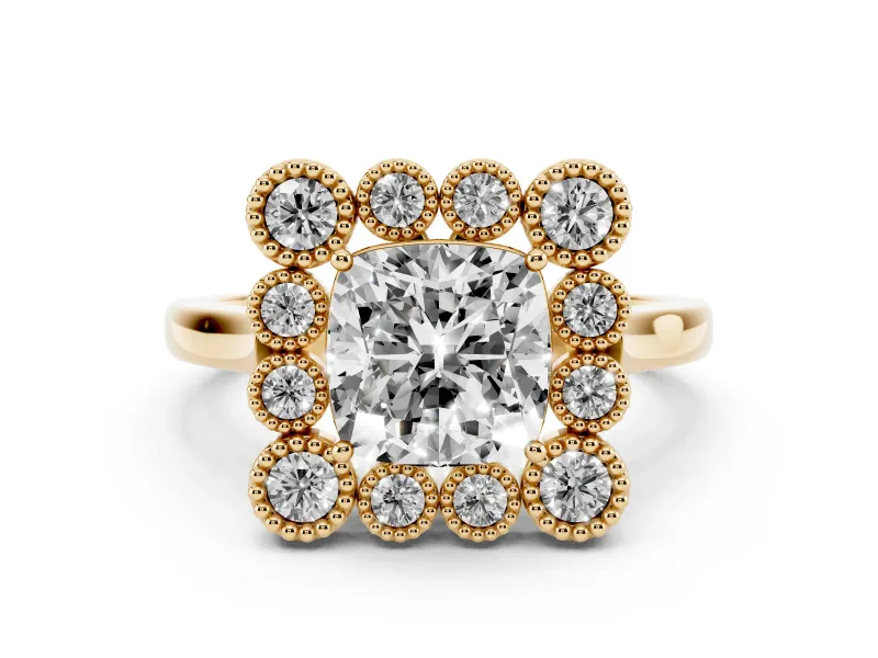 Cushion Cut Diamond Cluster Halo Ring Set in Yellow gold with Milgrain Bezel Accents and Plain Band