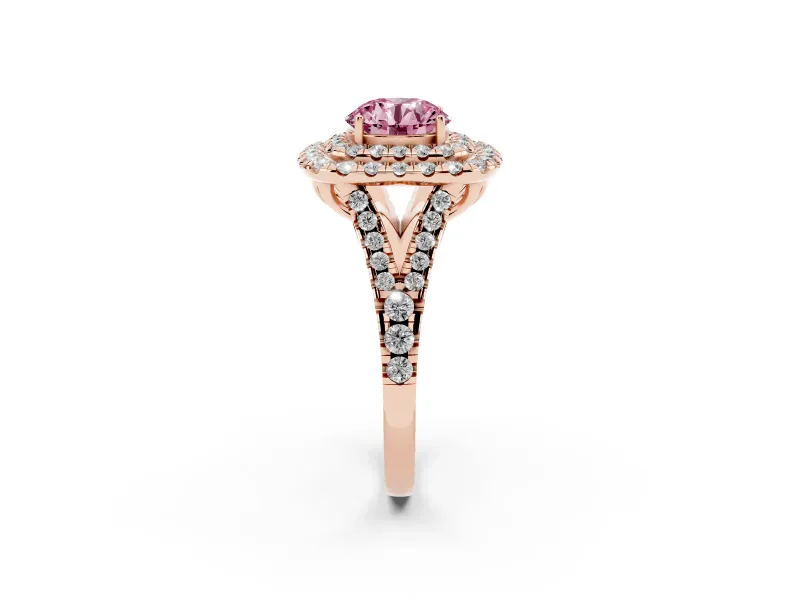 Round Halo Split Shank Engagement Ring Setting for a Fancy Pink Lab-Grown Diamond | Pavé Strands | Rose Gold