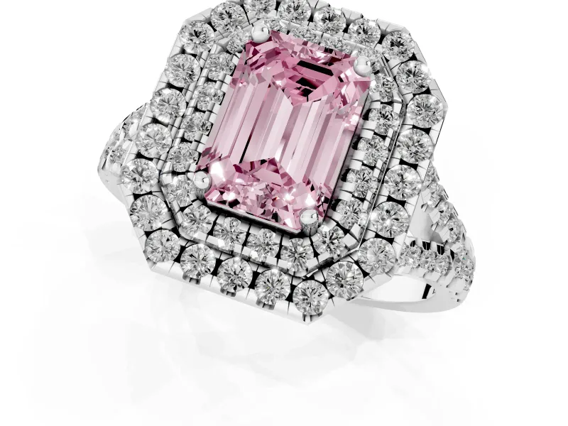 Emerald Cut Halo Split Shank Engagement Ring Setting for a Fancy Pink Lab-Grown Diamond | Pavé Strands | Platinum