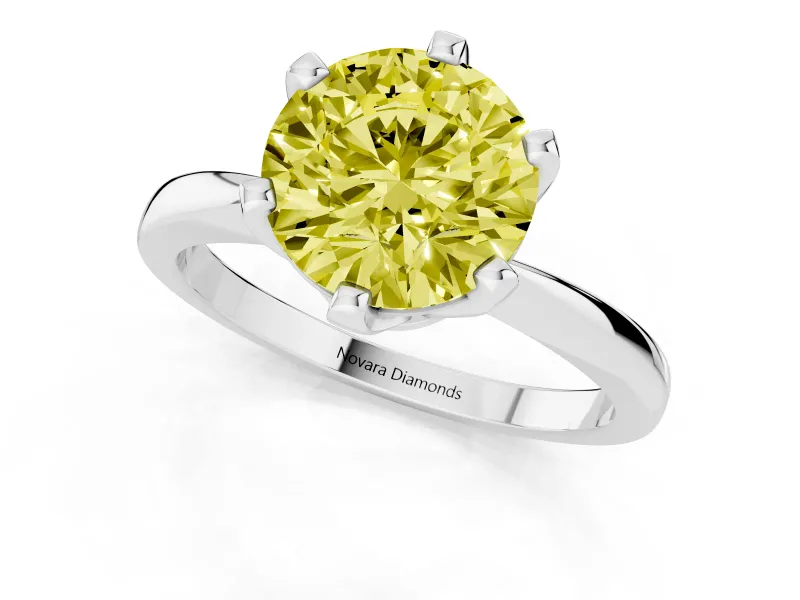 Fancy Yellow Round Cut Diamond Solitaire Engagement Ring Set in Silver with Slim Tapered Solitaire Band