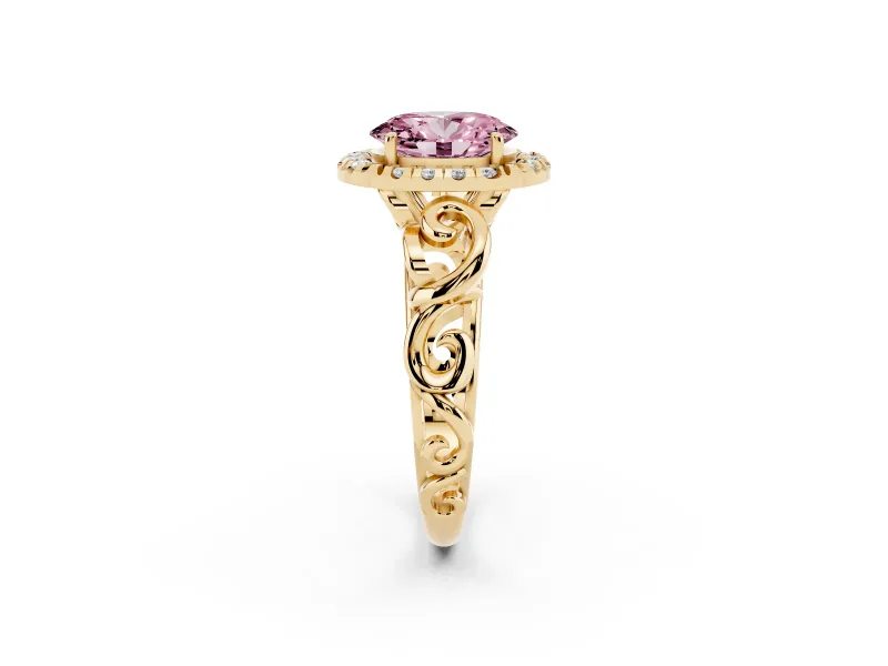 Fancy Pink Oval Cut Diamond Halo Ring Set in Yellow gold with Scrollwork Band and Prong Setting