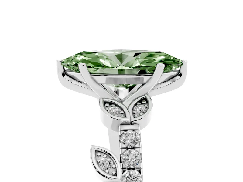 Fancy Green Marquise Cut Diamond Solitaire Leaf-Inspired Ring Set in White gold with Pavé Band and Prong Setting