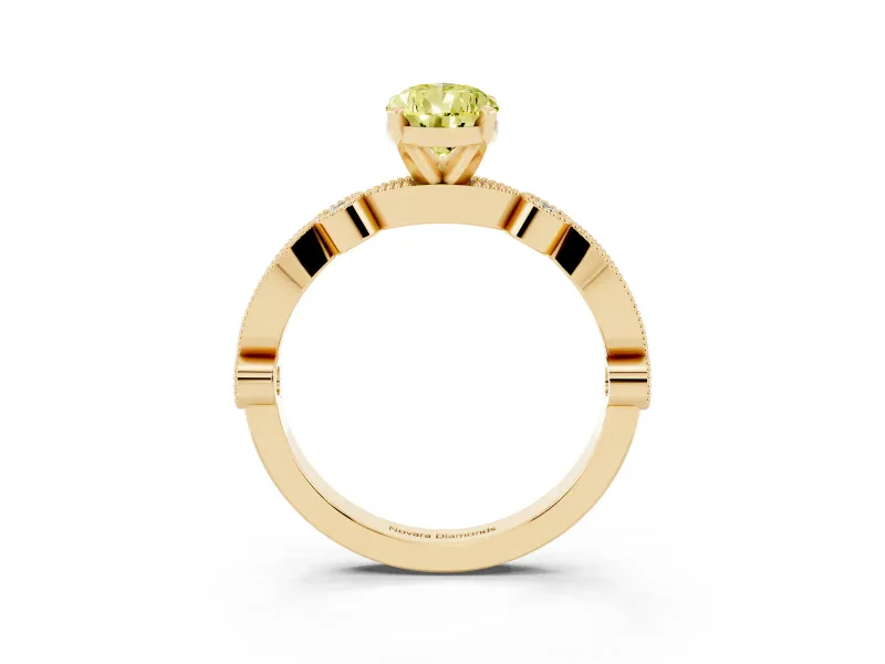 Fancy Yellow Pear Cut Diamond Solitaire Engagement Ring Set in Yellow gold with Milgrain Bezel Accent Band
