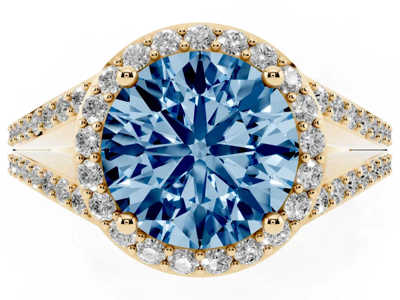 Round Halo Engagement Ring Setting for a Fancy Blue Lab-Grown Diamond | Pave Split Shank | Yellow Gold