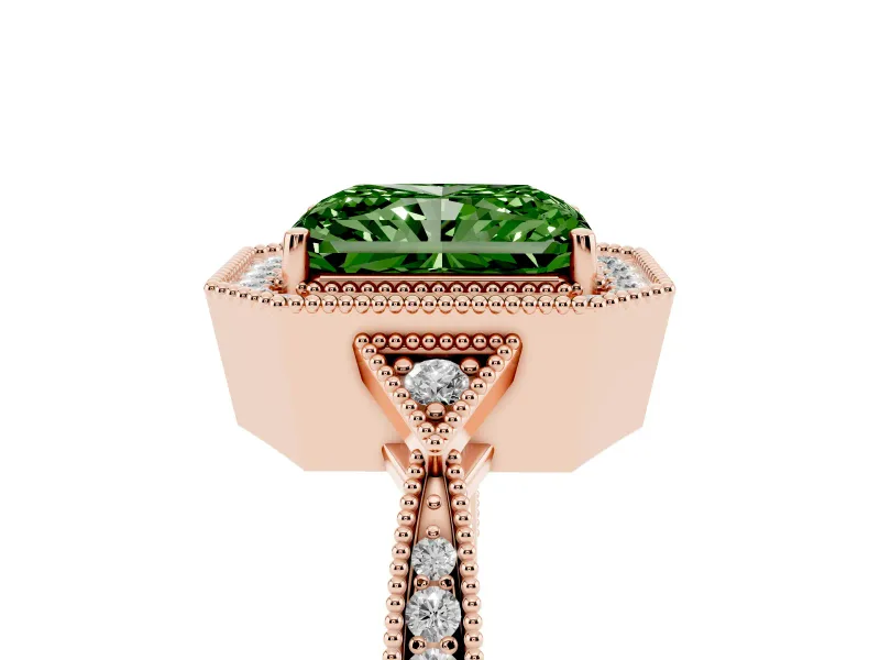 Radiant Cut Milgrain Halo Engagement Ring Setting for a Fancy Green Lab-Grown Diamond | Graduated Pavé | Rose Gold