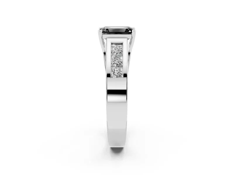 Fancy Black Emerald Cut Diamond Solitaire Ring Set in Silver with Channel-Set Accent Stones and Prong Setting