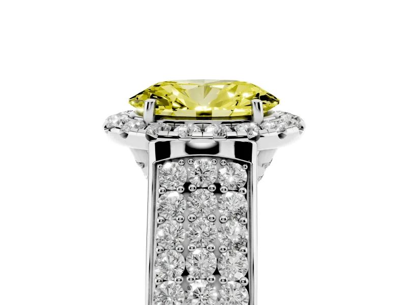 Fancy Yellow Oval Cut Diamond Halo Ring Set in Silver with Pavé Band and Raised Center Setting