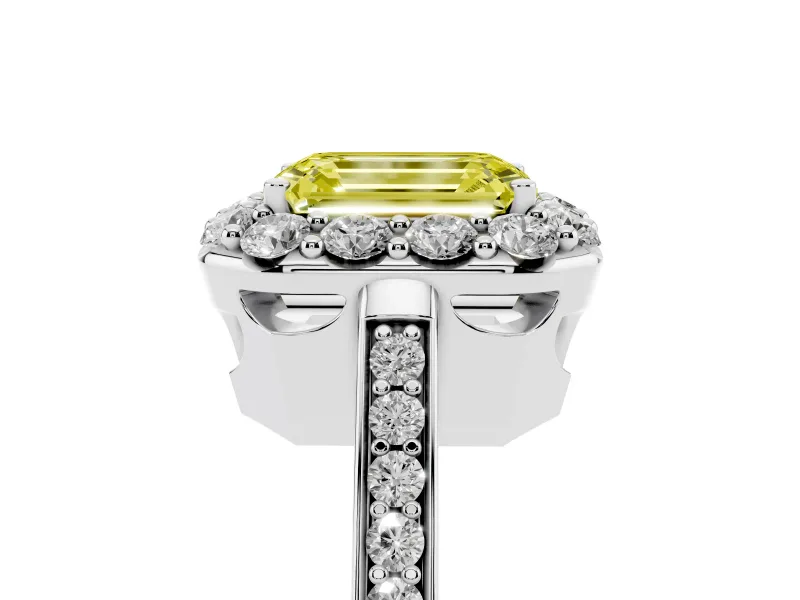 Fancy Yellow Emerald Cut Diamond Floral Halo Ring Set in Platinum with Pavé Band and Prong Setting