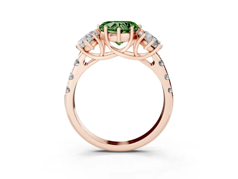 Heart-Shaped Three Stone Engagement Ring Setting for a Fancy Green Lab-Grown Diamond | Accented Shoulders | Rose Gold