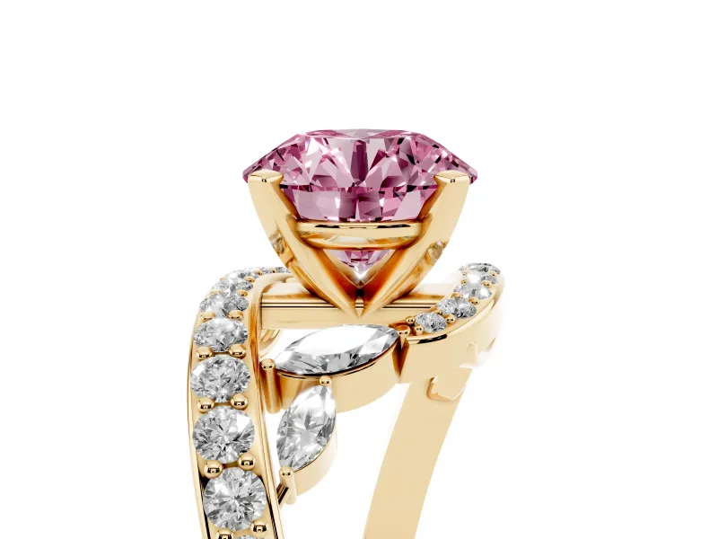 Fancy Pink Round Cut Diamond Solitaire Ring Set in Yellow gold with Pavé Twist Band and Secure Prong Setting