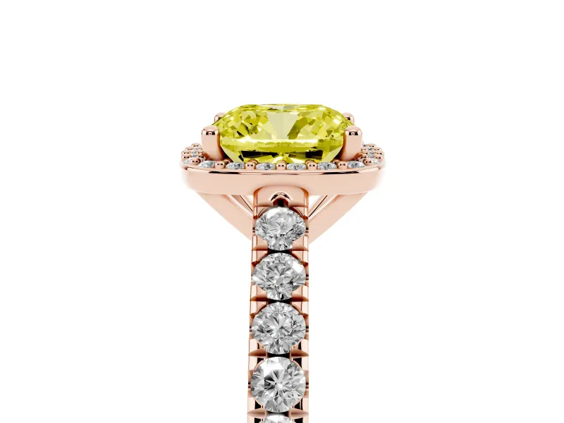 Cushion Cut Halo Pavé Engagement Ring Setting for a Fancy Yellow Lab-Grown Diamond | Rose Gold