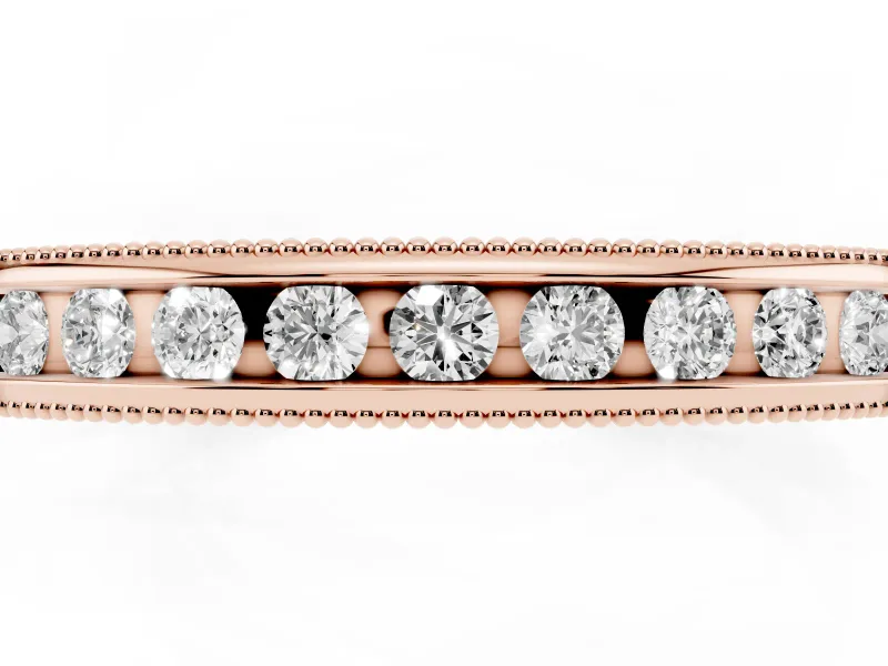 Round Lab-Grown Diamond Vintage Channel Set Wedding Band | Carved Leaf Sides | Rose Gold