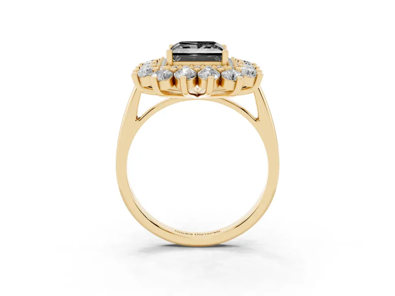 Princess Cut Floral Halo Engagement Ring Setting for a Black Center | Plain Band | Yellow Gold