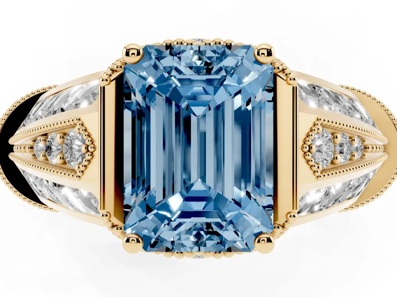 Fancy Blue Emerald Cut Diamond Vintage-Inspired Milgrain Ring Set in Yellow gold with Accent Split Shank
