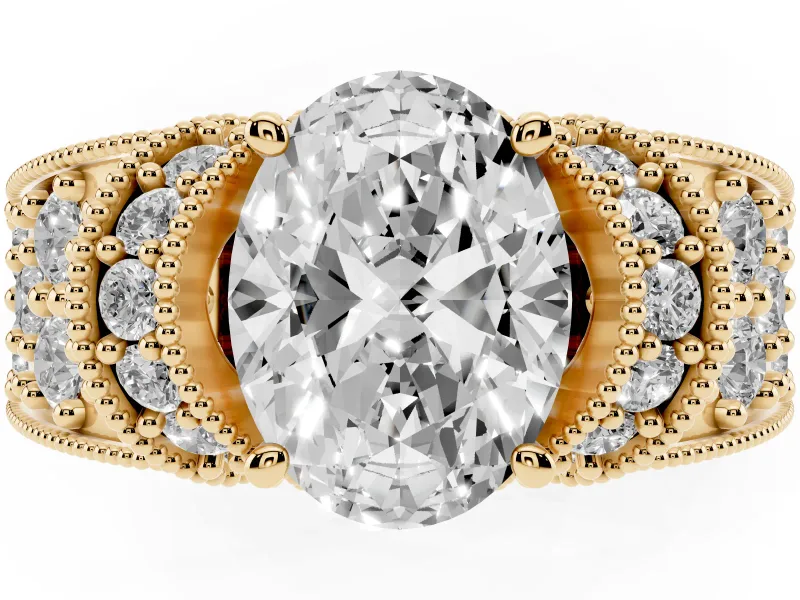 Oval Vintage Milgrain Pave Engagement Ring Setting | Crescent Side Rows | Yellow Gold