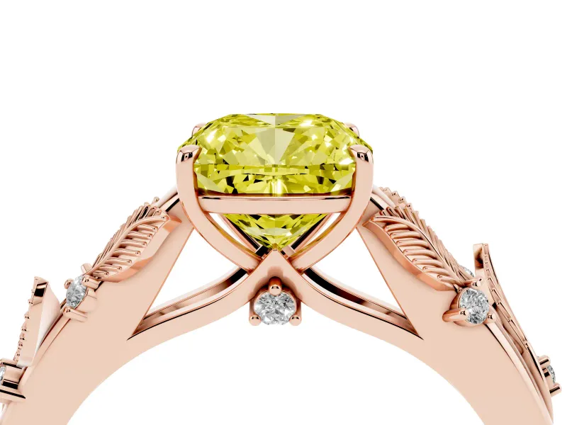 Cushion Cut Leaf Solitaire Engagement Ring Setting for a Fancy Yellow Lab-Grown Diamond | Rose Gold