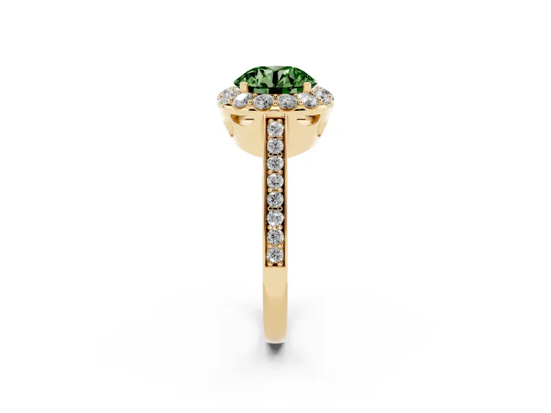 Fancy Green Round Cut Diamond Floral Halo Ring Set in Yellow gold with Pavé Band and Prong Setting