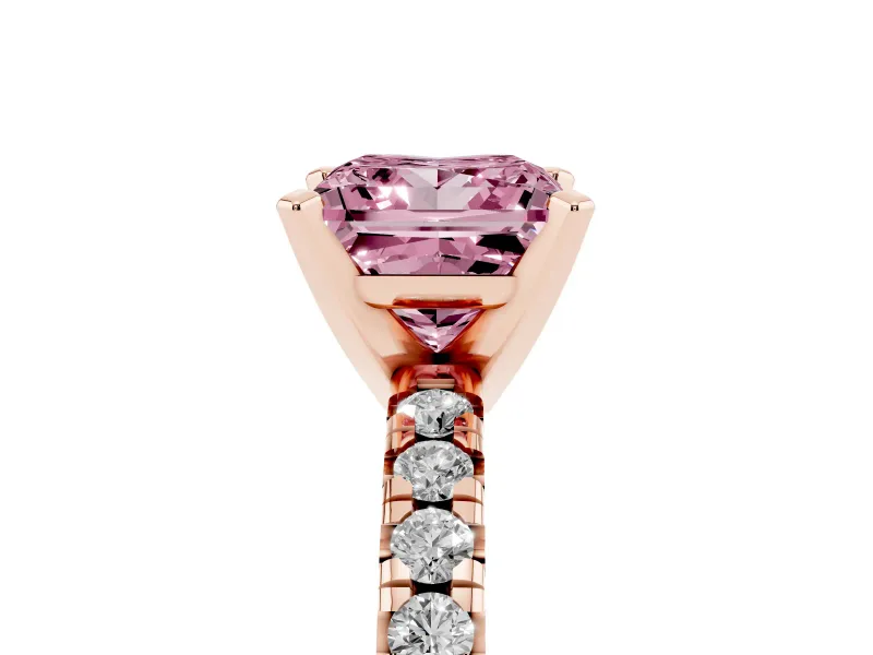Fancy Pink Princess Cut Diamond Solitaire Pavé Engagement Ring Set in Rose gold with Round Band and Prong Setting