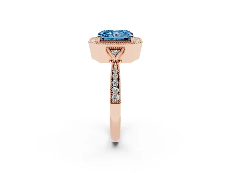 Radiant Cut Milgrain Halo Engagement Ring Setting for a Fancy Blue Lab-Grown Diamond | Graduated Pavé | Rose Gold