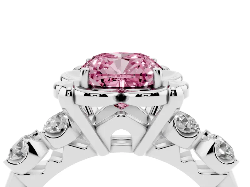 Fancy Pink Cushion Cut Diamond Floral Halo Ring Set in White gold with Shared Prong Band