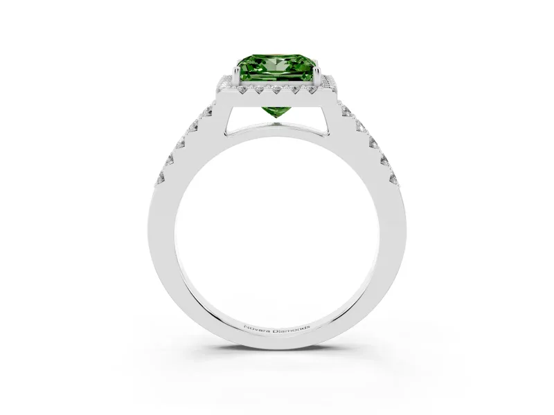 Fancy Green Princess Cut Diamond Halo Pavé Solitaire Ring Set in White gold with Prong-Set Center Stone