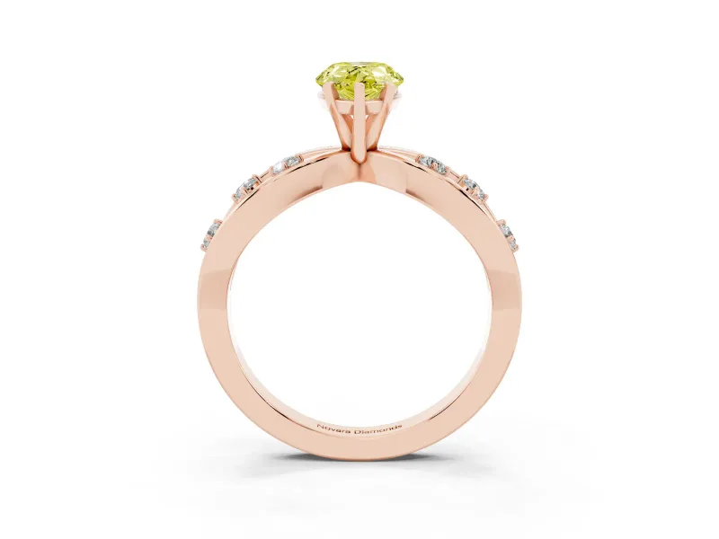 Fancy Yellow Pear Cut Diamond Solitaire Ring Set in Rose gold with Side Stones on Criss-Cross Band and Prong Setting