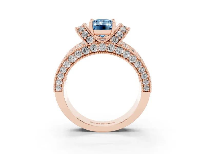 Emerald Cut Vintage Pave Engagement Ring Setting for a Fancy Blue Lab-Grown Diamond | Milgrain Edges | Rose Gold