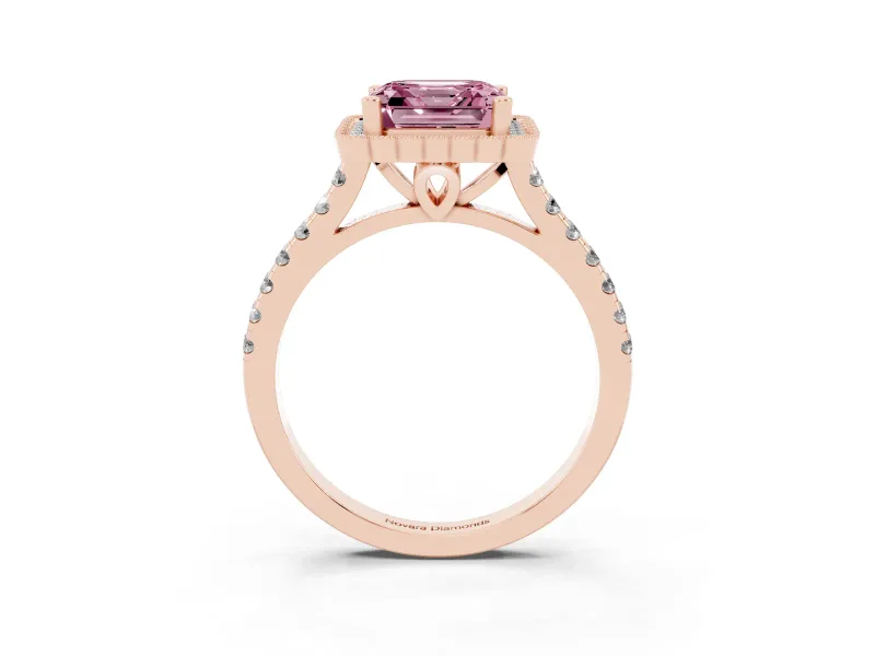 Asscher Cut Milgrain Floral Halo Engagement Ring Setting for a Fancy Pink Lab-Grown Diamond | Pavé Band | Rose Gold