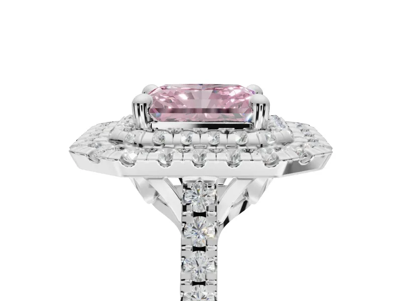 Fancy Pink Radiant Cut Lab-Grown Diamond Double Halo Statement Ring Set in Platinum with Pavé Band