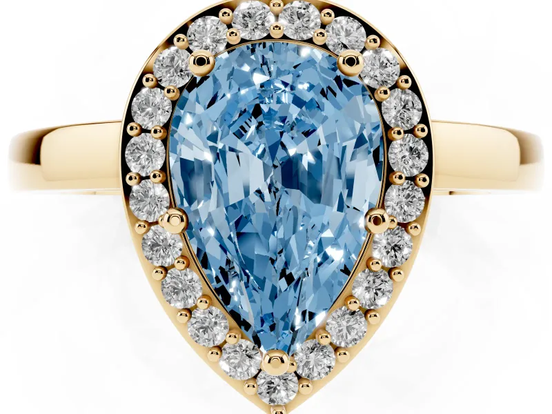 Fancy Blue Pear Cut Diamond Halo Ring Set in Yellow gold with Solitaire Band and Prong Setting