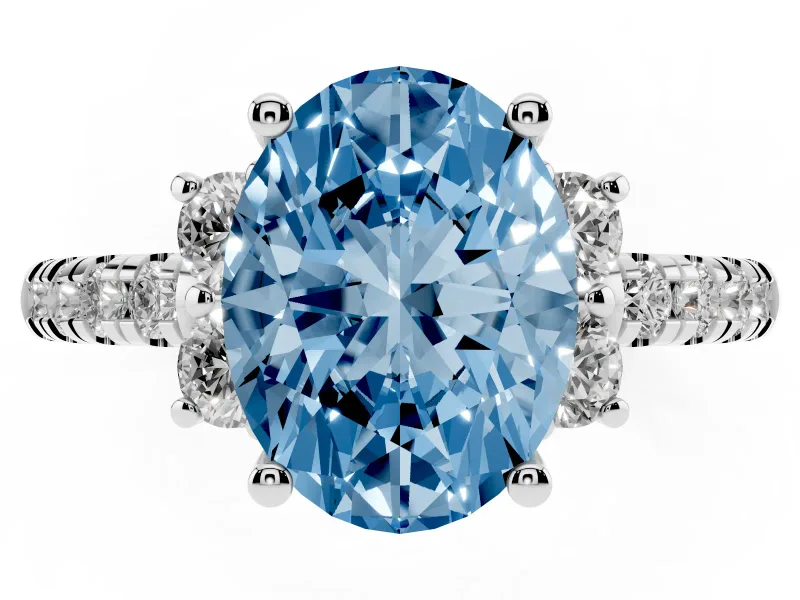 Oval Side Stone Pave Engagement Ring Setting for a Fancy Blue Lab-Grown Diamond | Paired Round Accents | Sterling Silver