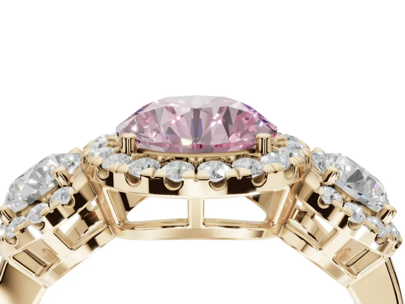 Round Three Stone Halo Engagement Ring Setting for a Fancy Pink Lab-Grown Diamond | Yellow Gold