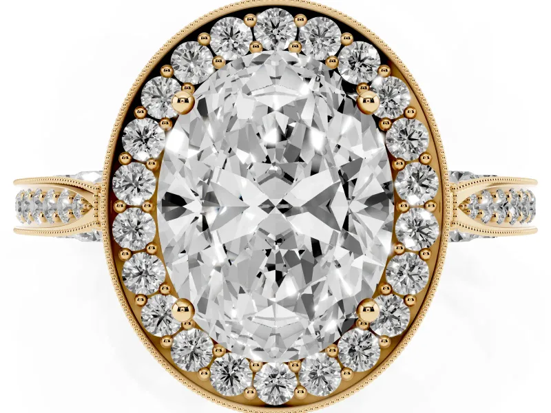 Oval Vintage Milgrain Halo Engagement Ring Setting | Side Stones and Pave | Yellow Gold