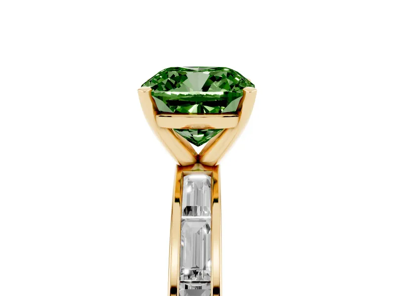 Fancy Green Cushion Cut Diamond Solitaire Ring Set in Yellow gold with Channel-Set Baguette Band and Prong Setting