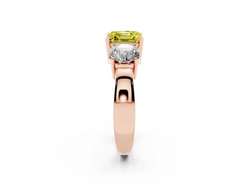 Asscher Cut Three Stone Engagement Ring Setting for a Fancy Yellow Lab-Grown Diamond | Wide Plain Band | Rose Gold