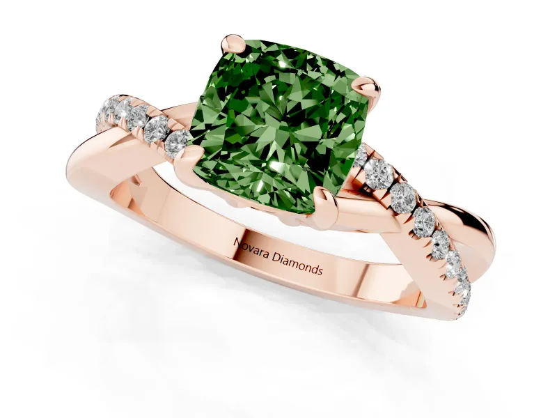 Fancy Green Cushion Cut Diamond Twist Band Solitaire Set in Rose gold with Pavé Accents and Prong Setting