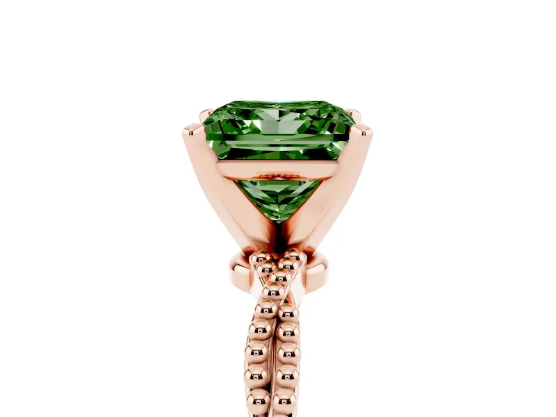 Fancy Green Princess Cut Diamond Solitaire Ring Set in Rose gold with Twisted Band and Bead Prong Setting