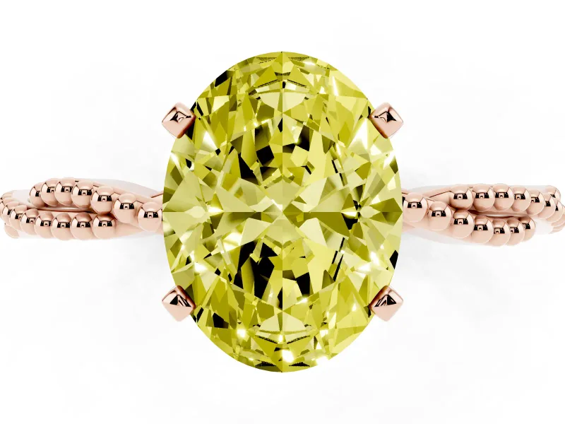 Fancy Yellow Oval Cut Diamond Solitaire Ring Set in Rose gold with Twisted Band and Bead Prong Setting